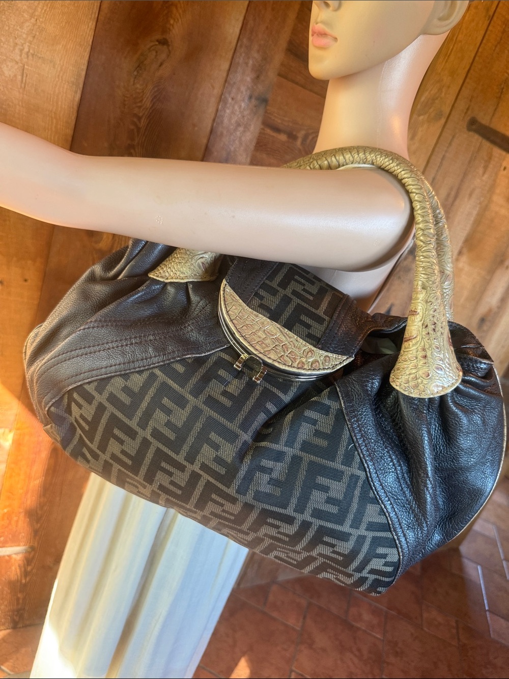 Fendi Brown Zucca Monogram Canvas Shoulder Bag with Tan Croc-Textured Handles